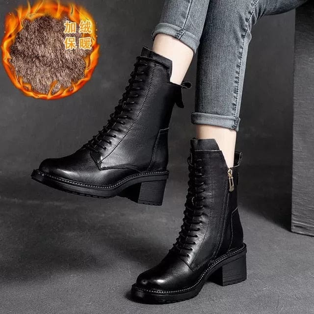 Genuine Leather High Quality Women Ankle Boots Black with Fur / 9 WOMEN BOOTS