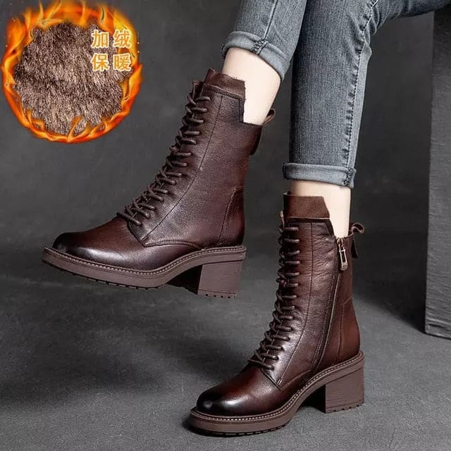 Genuine Leather High Quality Women Ankle Boots Brown with Fur / 7.5 WOMEN BOOTS