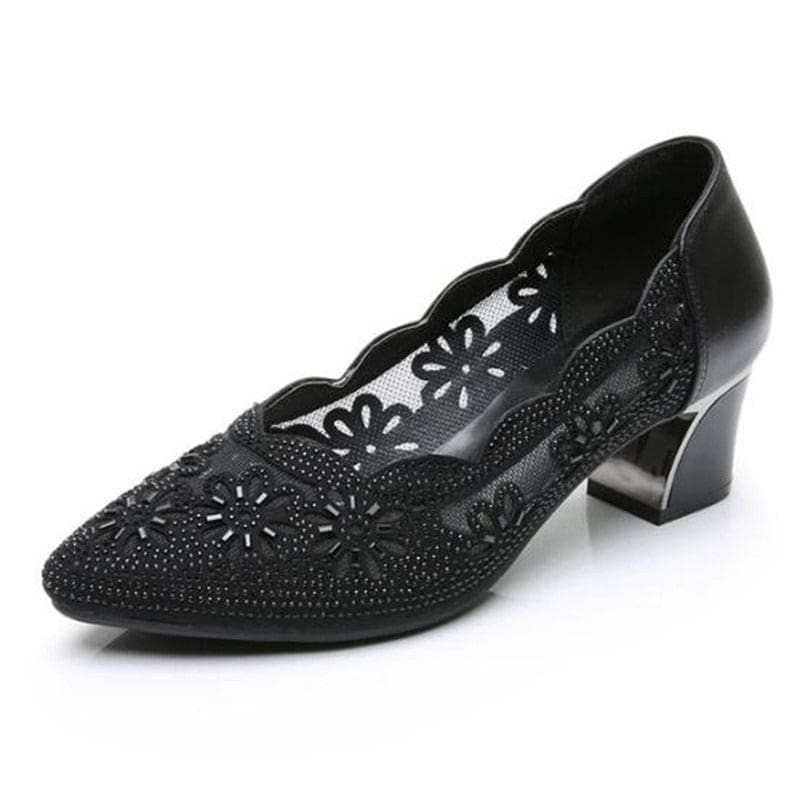Genuine Leather Hollow Out Crystal Women Office Shoes Black / 7.5 WOMEN SHOES