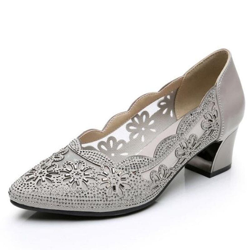 Genuine Leather Hollow Out Crystal Women Office Shoes Gray / 4 WOMEN SHOES