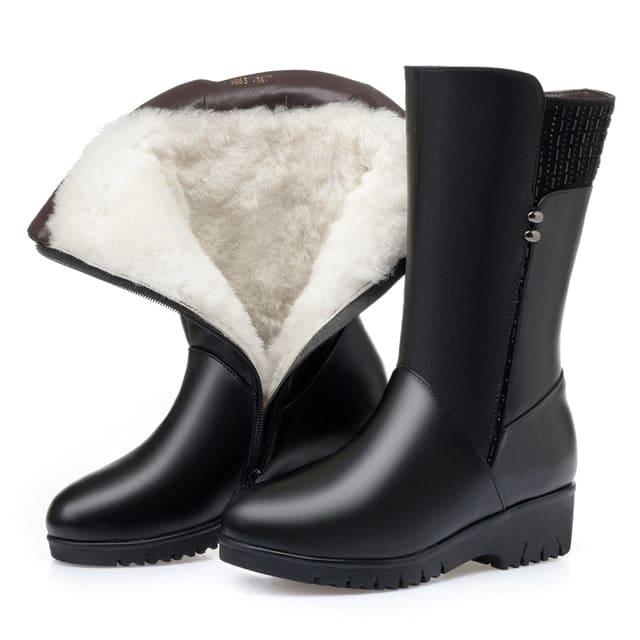 Genuine Leather Inside Plush Wool Women Winter Boots Black / 7.5 WOMEN BOOTS