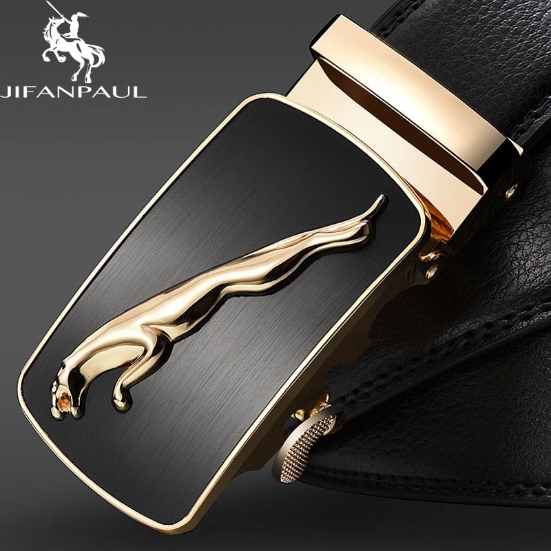 genuine leather jaguar pattern decorative alloy automatic buckle belt
