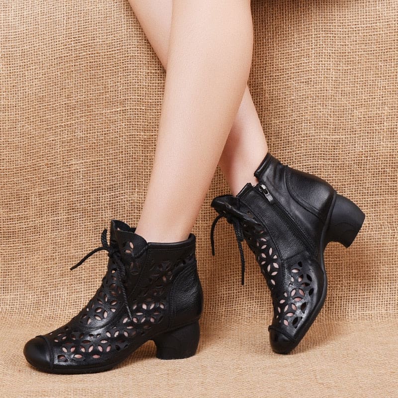 Genuine Leather Med High Heel Back Zipper Summer Ankle Women Boots Black / 6.5 HIGH HEELS