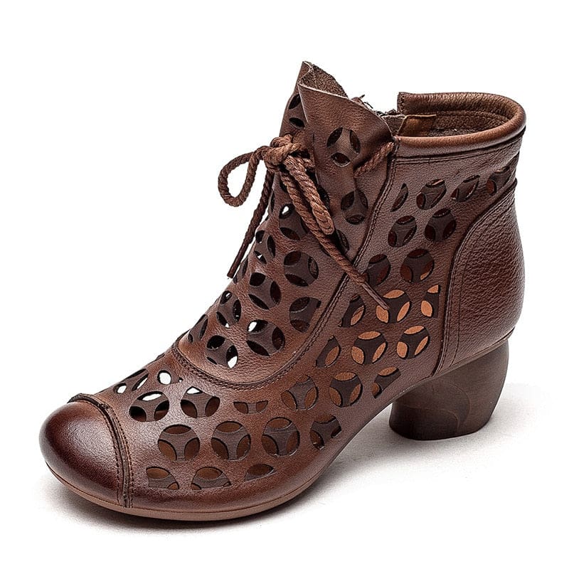 Genuine Leather Med High Heel Back Zipper Summer Ankle Women Boots Brown / 6 HIGH HEELS