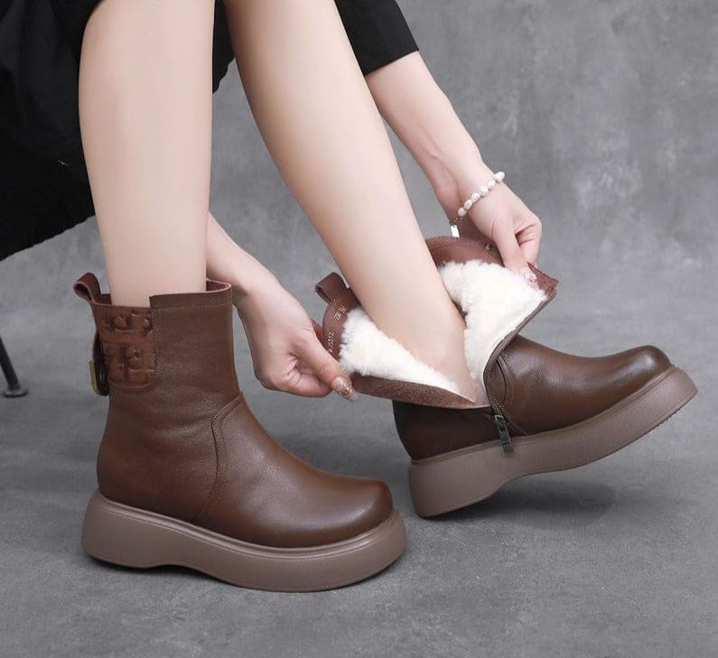 Genuine Leather Natural Wool Fur Platform Mid Calf Snow Boots For Women WOMEN BOOTS