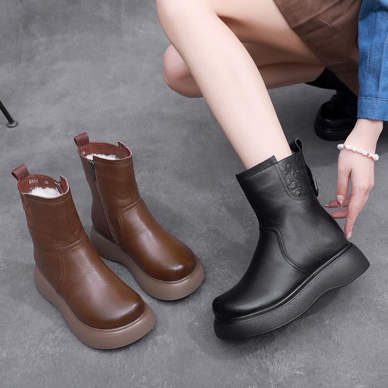 Genuine Leather Natural Wool Fur Platform Mid Calf Snow Boots For Women WOMEN BOOTS