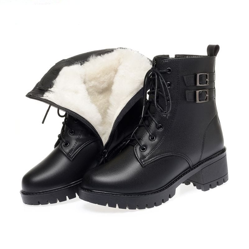 genuine leather natural wool warm mid-heel snow boots for women