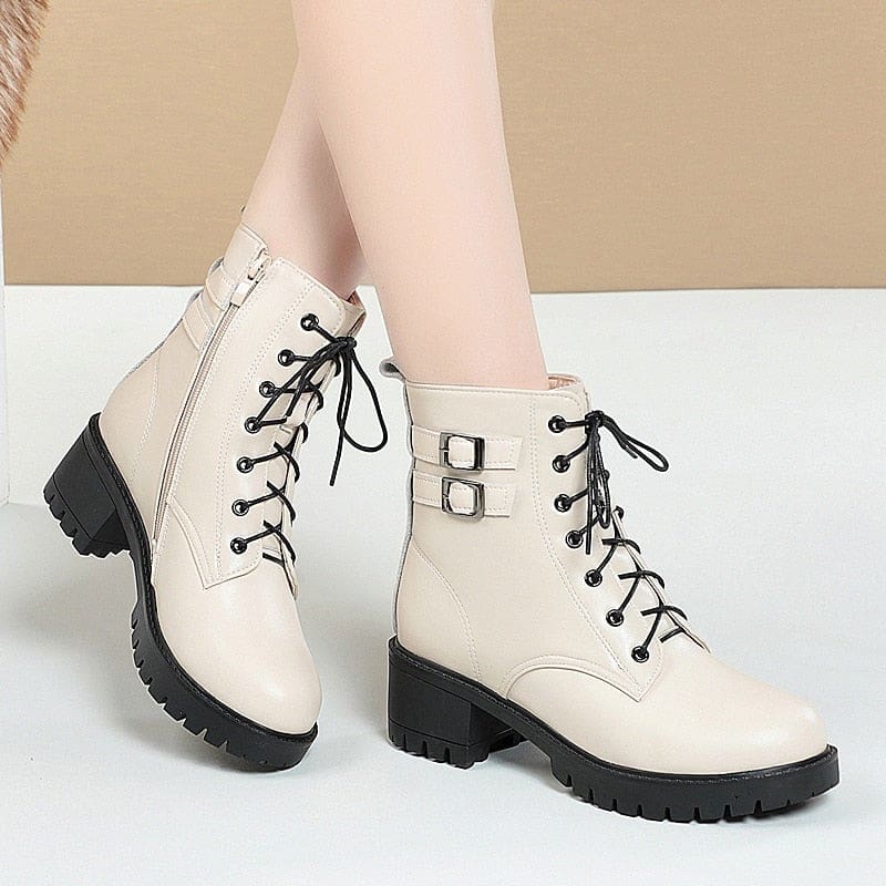 genuine leather natural wool warm mid-heel snow boots for women