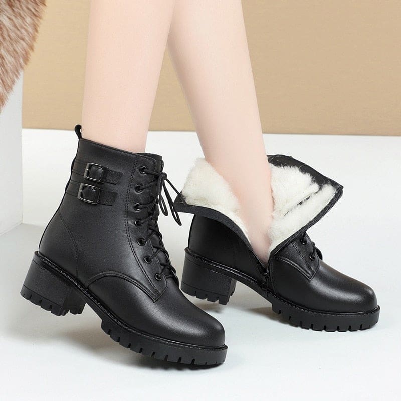 genuine leather natural wool warm mid-heel snow boots for women