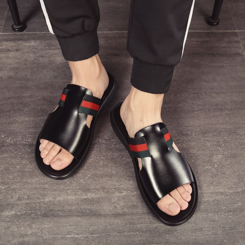 genuine leather outdoor breathable summer slippers for men