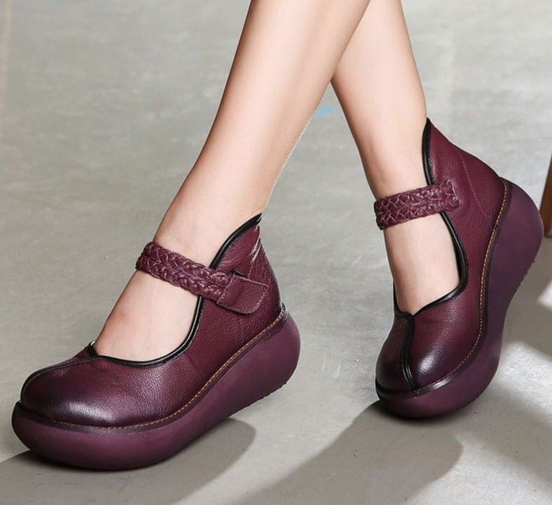 genuine leather platform wedges round toes ankle strap women pumps