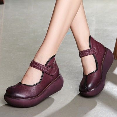 genuine leather platform wedges round toes ankle strap women pumps