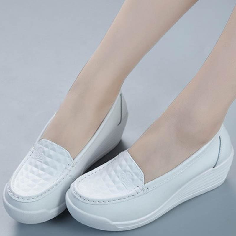 genuine leather platform wedges shallow mouth slip-on high heels