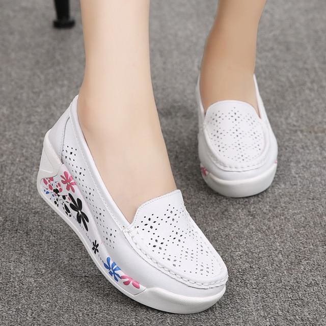 genuine leather platform wedges white lady casual shoes