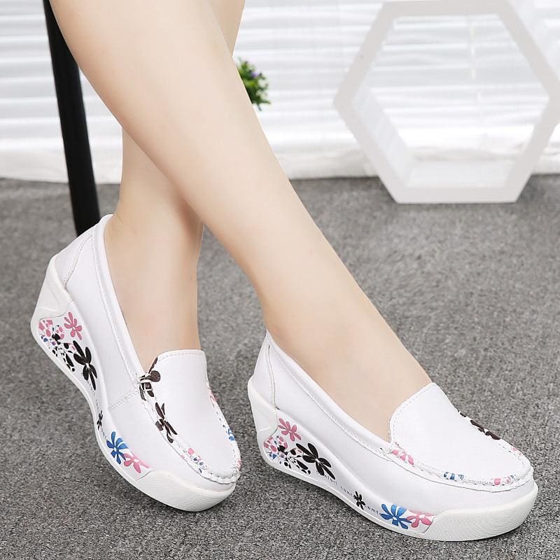 genuine leather platform wedges white lady casual shoes