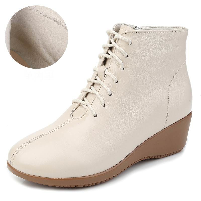 Genuine Leather Plush Warm Lace-Up Wedges Comfortable Women Ankle Boots Beige Autumn / 8.5 HIGH HEELS