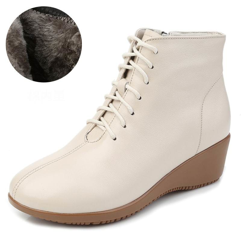 Genuine Leather Plush Warm Lace-Up Wedges Comfortable Women Ankle Boots Beige Winter / 6.5 HIGH HEELS