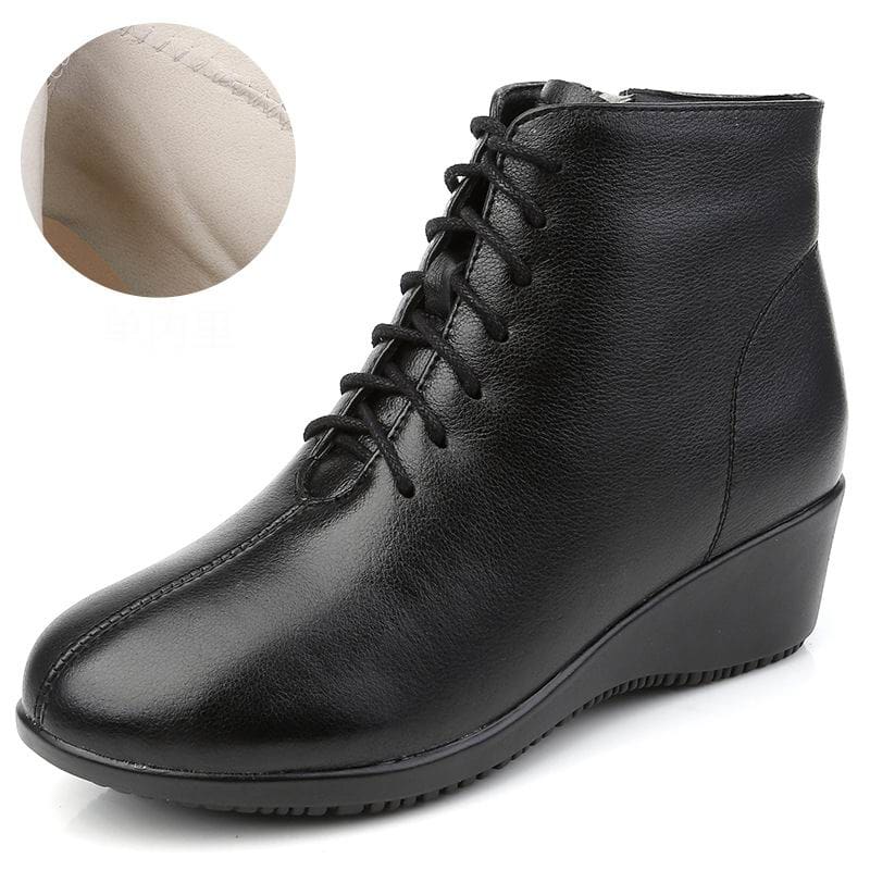 Genuine Leather Plush Warm Lace-Up Wedges Comfortable Women Ankle Boots Black Autumn / 6.5 HIGH HEELS