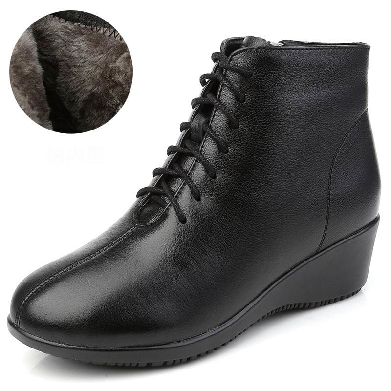 Genuine Leather Plush Warm Lace-Up Wedges Comfortable Women Ankle Boots Black Winter / 5 HIGH HEELS