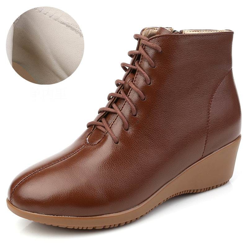 Genuine Leather Plush Warm Lace-Up Wedges Comfortable Women Ankle Boots Brown Autumn / 9 HIGH HEELS