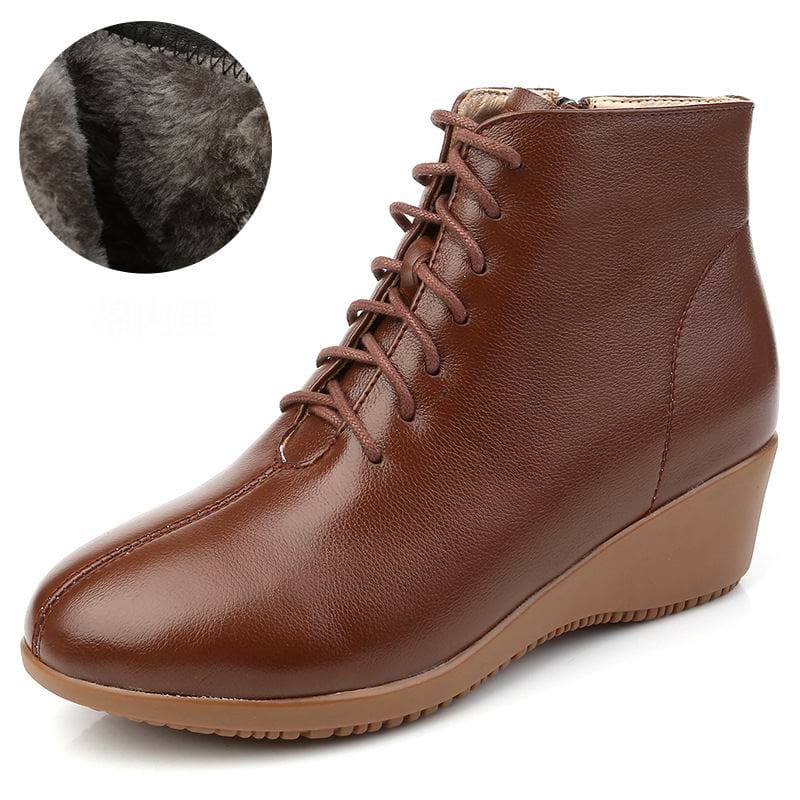 Genuine Leather Plush Warm Lace-Up Wedges Comfortable Women Ankle Boots Brown Winter / 8.5 HIGH HEELS