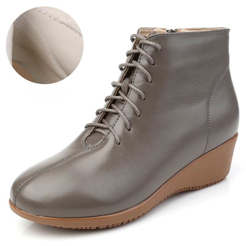 Genuine Leather Plush Warm Lace-Up Wedges Comfortable Women Ankle Boots Gray Autumn / 7.5 HIGH HEELS