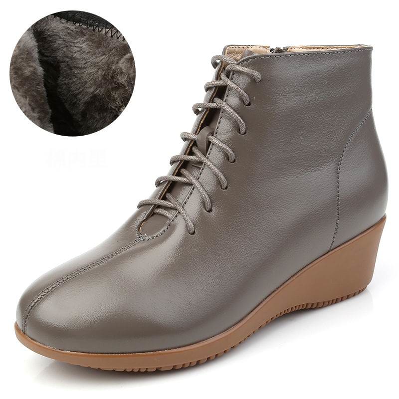 Genuine Leather Plush Warm Lace-Up Wedges Comfortable Women Ankle Boots Gray Winter / 6 HIGH HEELS