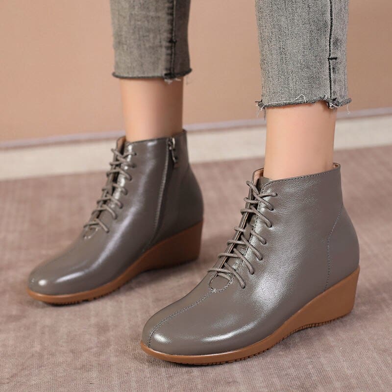 Genuine Leather Plush Warm Lace-Up Wedges Comfortable Women Ankle Boots HIGH HEELS