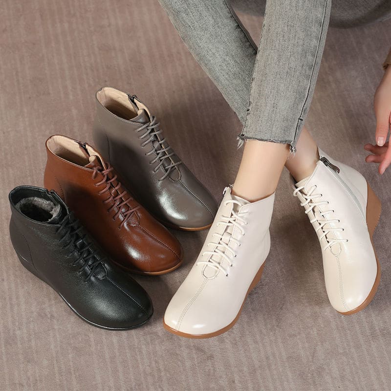 Genuine Leather Plush Warm Lace-Up Wedges Comfortable Women Ankle Boots HIGH HEELS