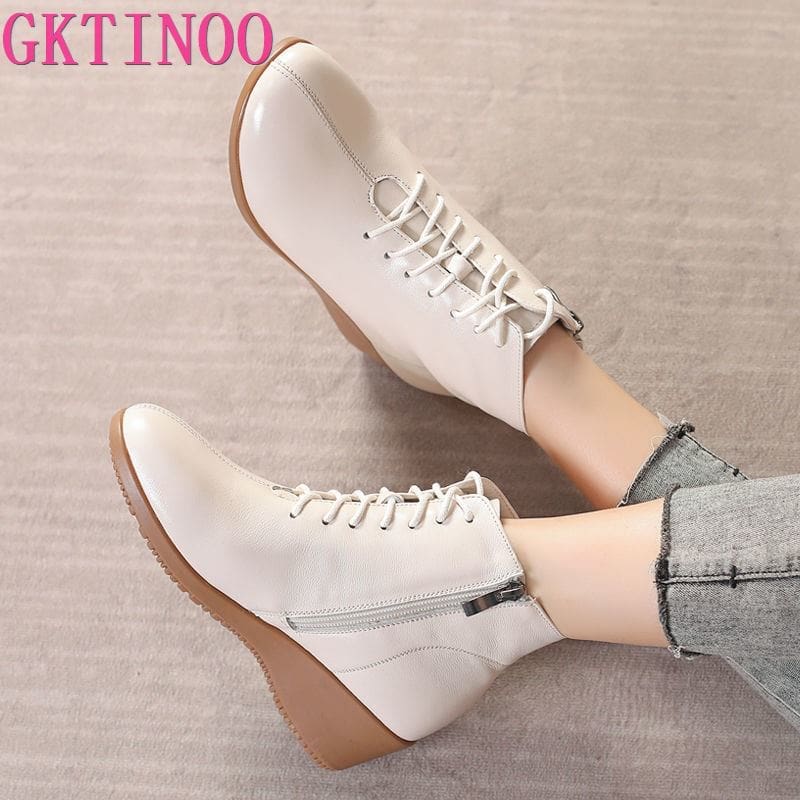 Genuine Leather Plush Warm Lace-Up Wedges Comfortable Women Ankle Boots HIGH HEELS