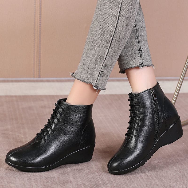 Genuine Leather Plush Warm Lace-Up Wedges Comfortable Women Ankle Boots HIGH HEELS