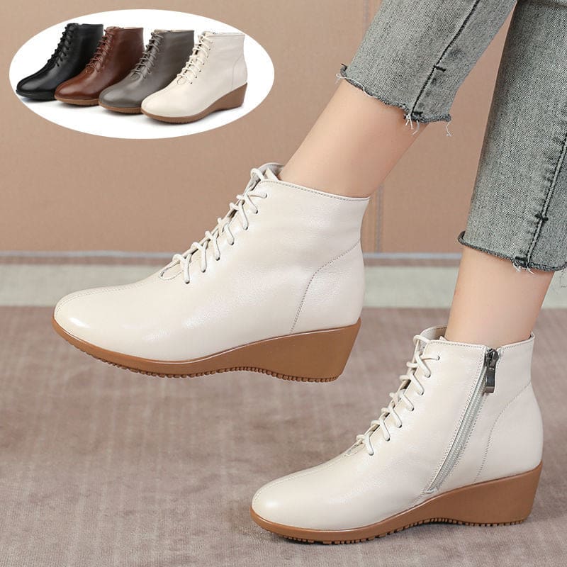 Genuine Leather Plush Warm Lace-Up Wedges Comfortable Women Ankle Boots HIGH HEELS