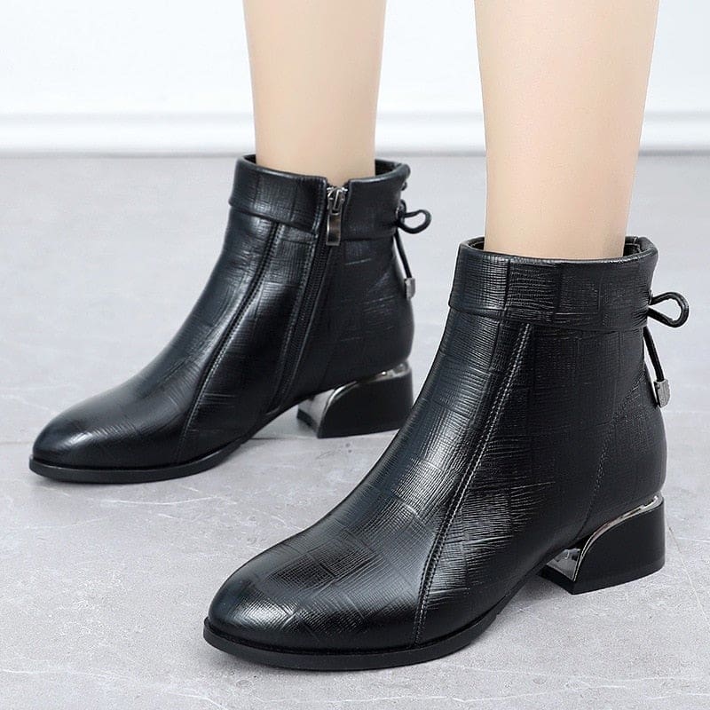 genuine leather pointed toe thick heels ankle boots