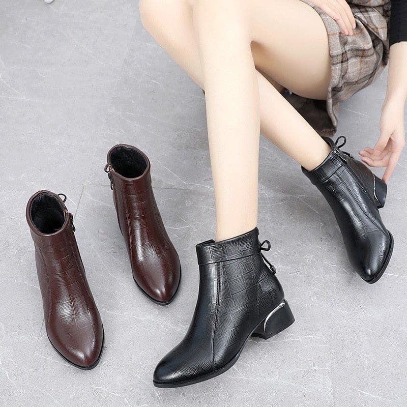 genuine leather pointed toe thick heels ankle boots