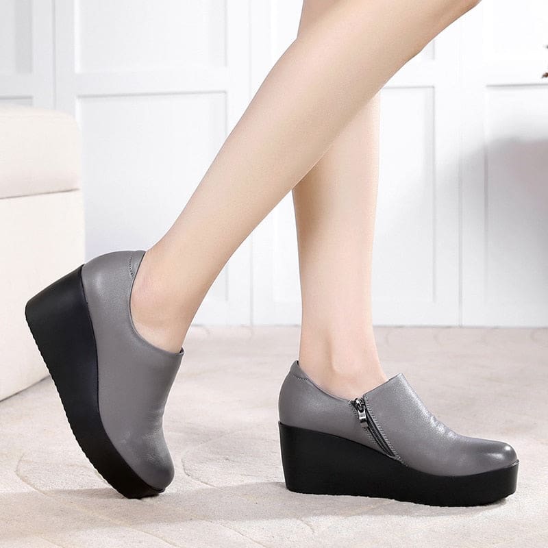 Genuine Leather Round Toe Casual Ladies Platform High Heels HIGH HEELS