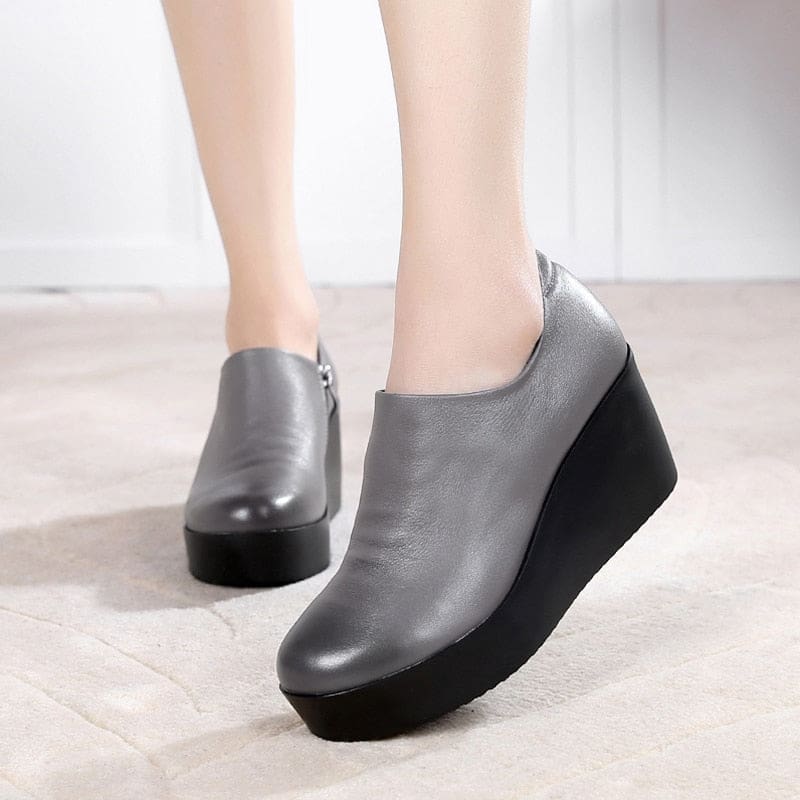 Genuine Leather Round Toe Casual Ladies Platform High Heels HIGH HEELS