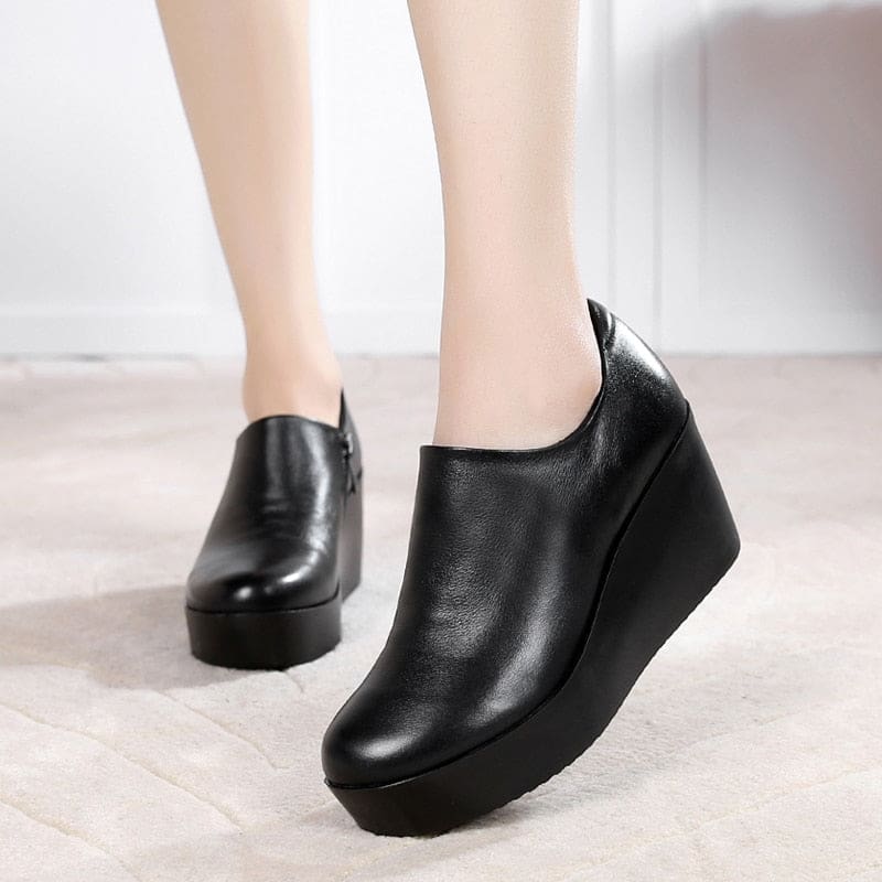 Genuine Leather Round Toe Casual Ladies Platform High Heels HIGH HEELS