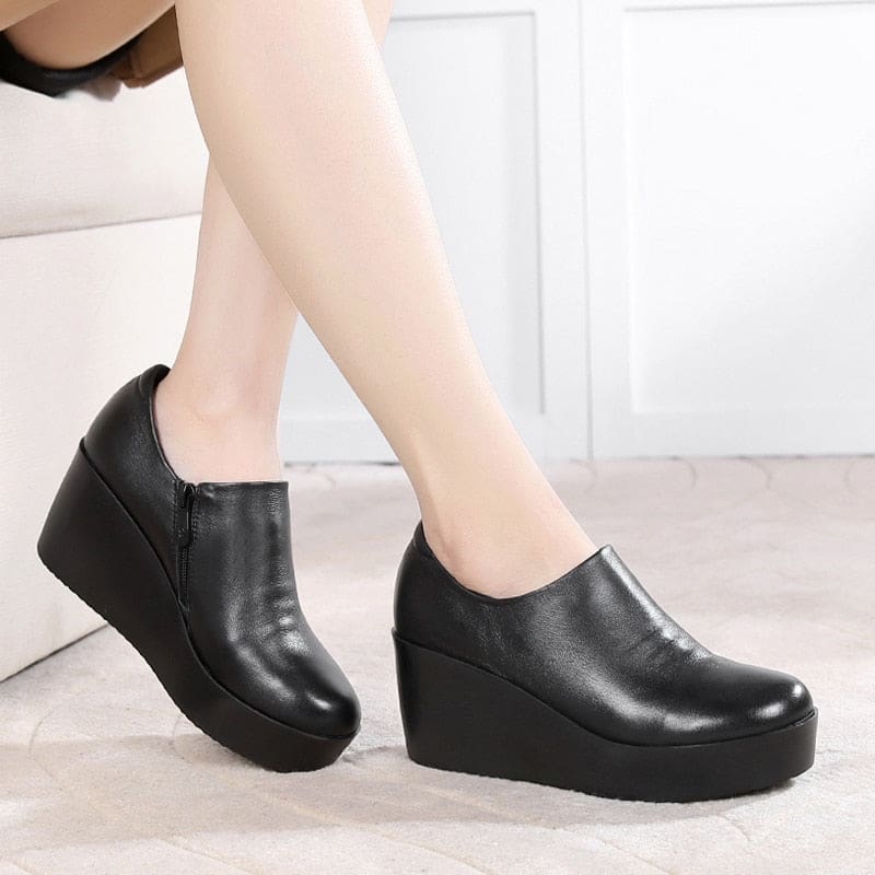 Genuine Leather Round Toe Casual Ladies Platform High Heels HIGH HEELS