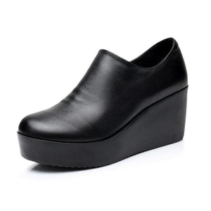 Genuine Leather Round Toe Casual Ladies Platform High Heels HIGH HEELS