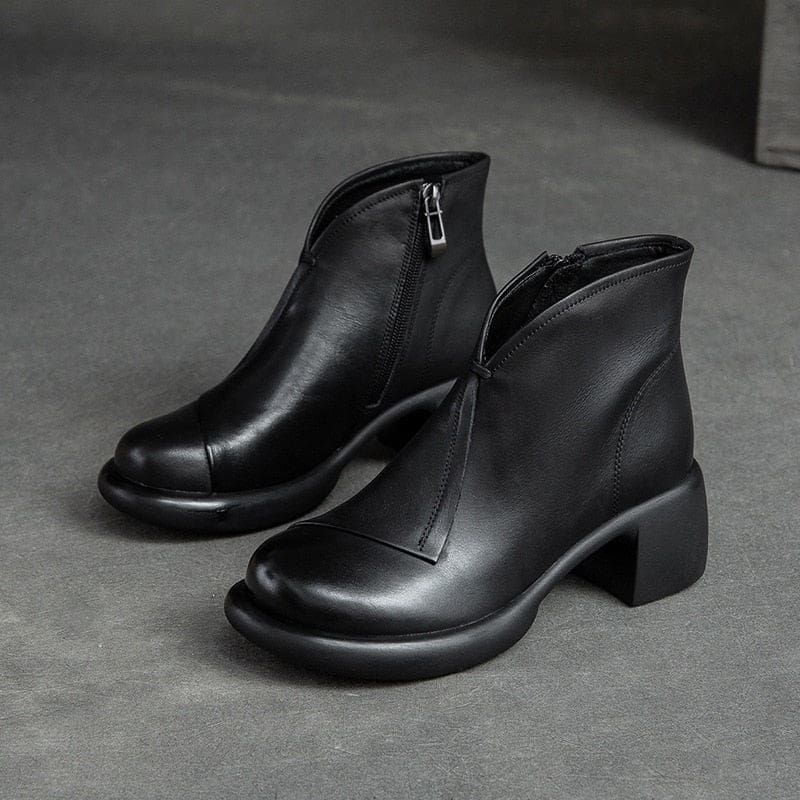 Genuine Leather Round Toe Square Heel Zip Handmade Leisure Women Boots Black / 7.5 HIGH HEELS