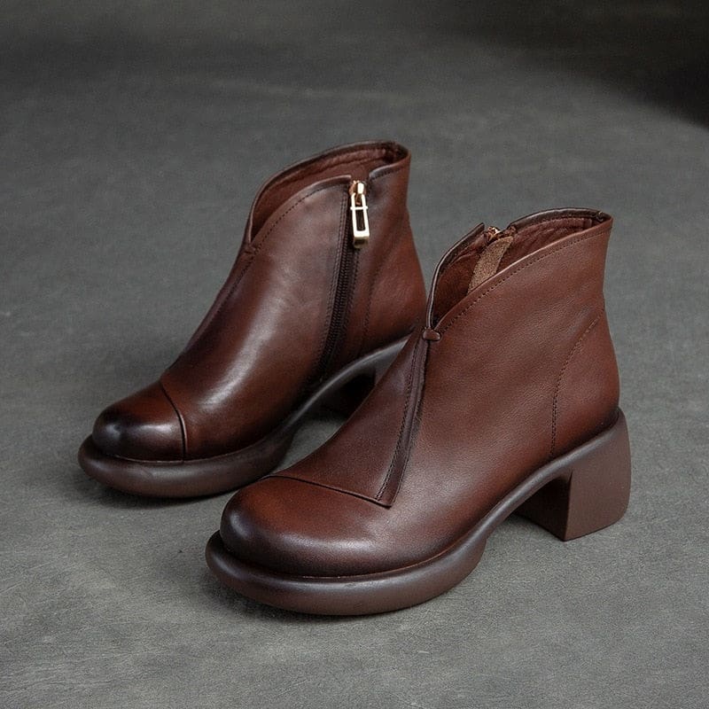 Genuine Leather Round Toe Square Heel Zip Handmade Leisure Women Boots Brown / 6 HIGH HEELS