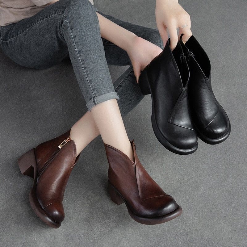 Genuine Leather Round Toe Square Heel Zip Handmade Leisure Women Boots HIGH HEELS