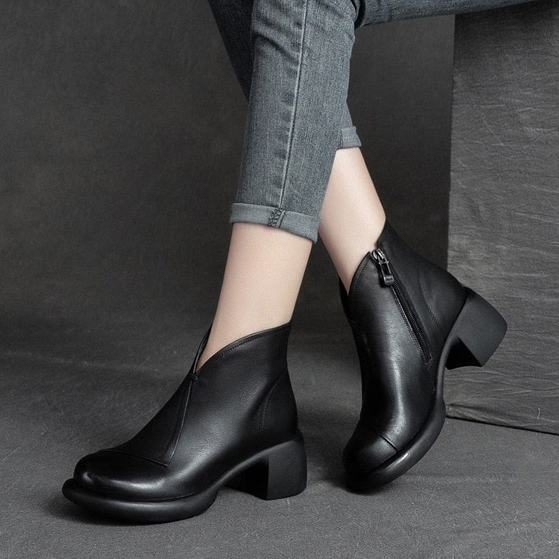 Genuine Leather Round Toe Square Heel Zip Handmade Leisure Women Boots HIGH HEELS