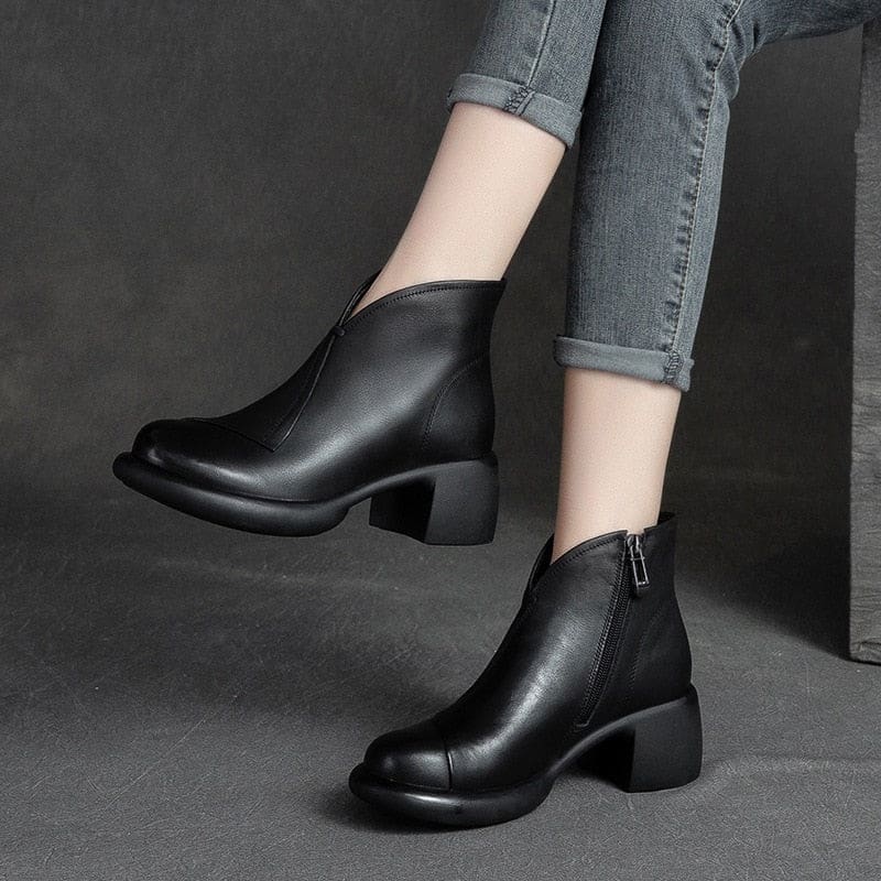 Genuine Leather Round Toe Square Heel Zip Handmade Leisure Women Boots Genuine Leather Round Toe Square Heel Zip Handmade Leisure Women Boots