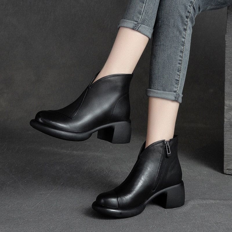 Genuine Leather Round Toe Square Heel Zip Handmade Leisure Women Boots HIGH HEELS