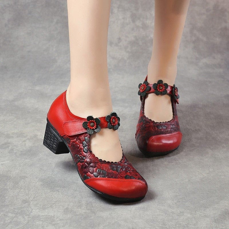 genuine leather round toe women thick heel flowers handmade shoes