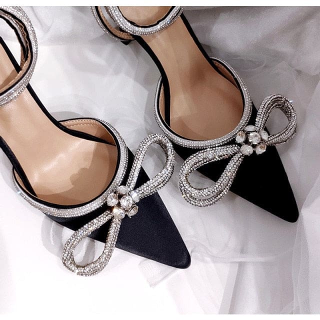 genuine leather glitter rhinestones crystal bowknot party high heels