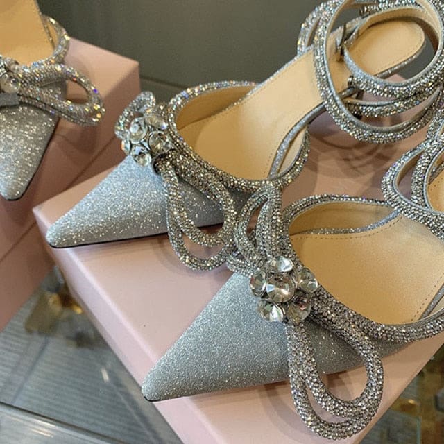 genuine leather glitter rhinestones crystal bowknot party high heels