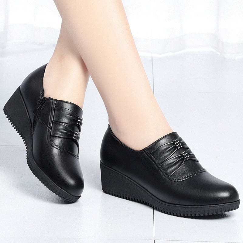 genuine leather slip-on round toe casual platform shoes