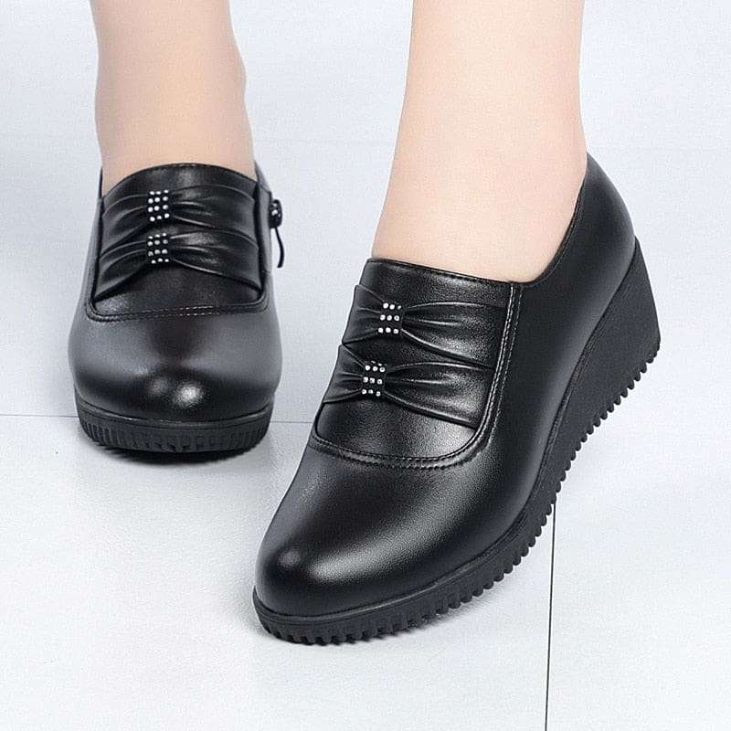 genuine leather slip-on round toe casual platform shoes